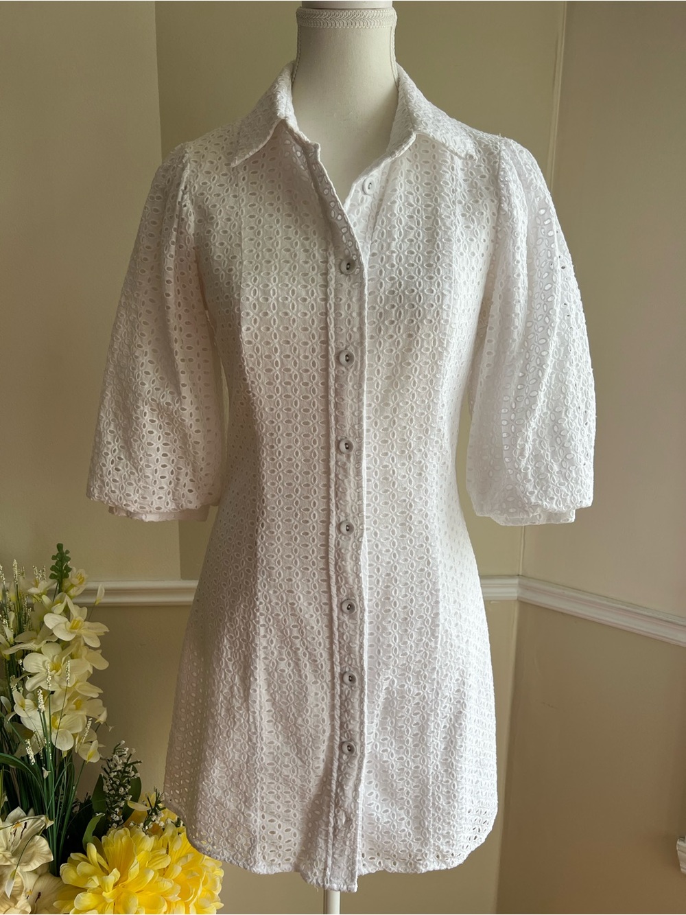 Dynamite White Eyelet Button-Down Shirt Dress